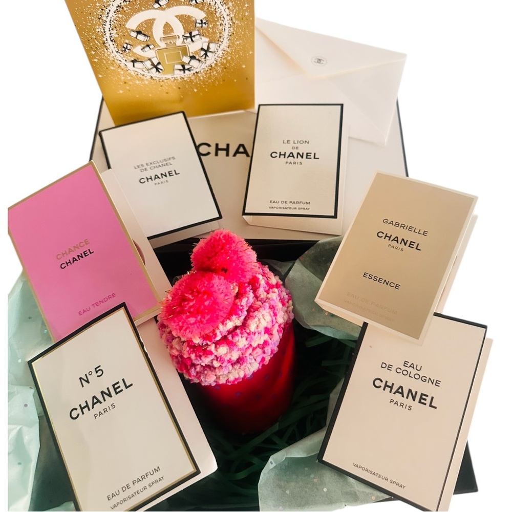 Chanel perfume set, Sublimage face cream, socks, white box, Chanel greeting card